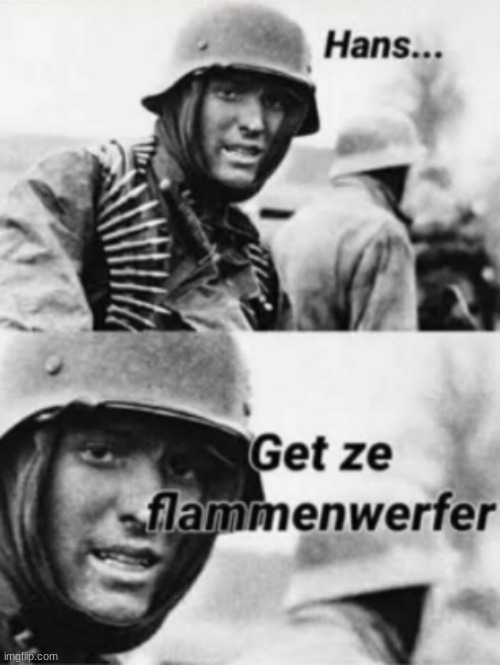 Hans, Get ze flammenwerfer | image tagged in hans get ze flammenwerfer | made w/ Imgflip meme maker