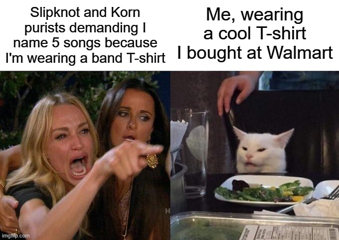 Please don't gatekeep | Slipknot and Korn purists demanding I name 5 songs because I'm wearing a band T-shirt; Me, wearing a cool T-shirt I bought at Walmart | image tagged in memes,woman yelling at cat,slipknot,korn,metal | made w/ Imgflip meme maker