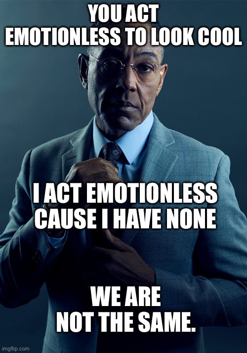 Emotions are Overrated | YOU ACT EMOTIONLESS TO LOOK COOL; I ACT EMOTIONLESS CAUSE I HAVE NONE; WE ARE NOT THE SAME. | image tagged in gus fring we are not the same | made w/ Imgflip meme maker