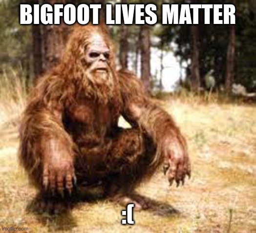 bigfoot | BIGFOOT LIVES MATTER; :( | image tagged in bigfoot | made w/ Imgflip meme maker
