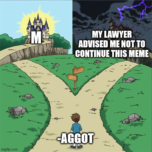 Two Paths | MY LAWYER ADVISED ME NOT TO CONTINUE THIS MEME; M; -AGGOT | image tagged in two paths | made w/ Imgflip meme maker