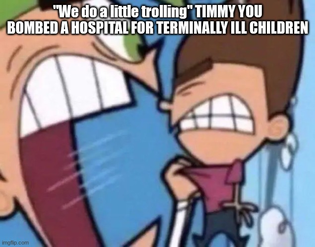 it's been a long while | "We do a little trolling" TIMMY YOU BOMBED A HOSPITAL FOR TERMINALLY ILL CHILDREN | image tagged in funny,memes | made w/ Imgflip meme maker