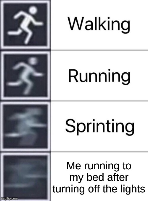 Comment below if you did this | Me running to my bed after turning off the lights | image tagged in walking running sprinting,scary | made w/ Imgflip meme maker