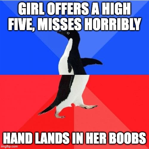 Socially Awkward Awesome Penguin Meme | GIRL OFFERS A HIGH FIVE, MISSES HORRIBLY; HAND LANDS IN HER BOOBS | image tagged in memes,socially awkward awesome penguin | made w/ Imgflip meme maker