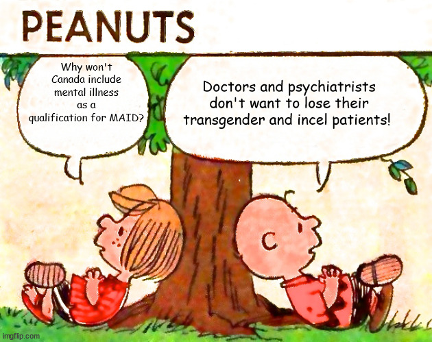 Medical Assistance In Dying | Doctors and psychiatrists don't want to lose their transgender and incel patients! Why won't Canada include mental illness as a qualification for MAID? | image tagged in peanuts charlie brown peppermint patty | made w/ Imgflip meme maker