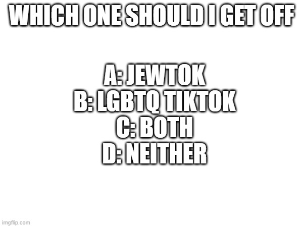 Mod note: life | WHICH ONE SHOULD I GET OFF; A: JEWTOK
B: LGBTQ TIKTOK
C: BOTH
D: NEITHER | made w/ Imgflip meme maker