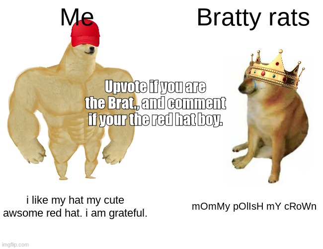 Buff Doge vs. Cheems Meme | Me; Bratty rats; Upvote if you are the Brat., and comment if your the red hat boy. i like my hat my cute awsome red hat. i am grateful. mOmMy pOlIsH mY cRoWn | image tagged in memes,buff doge vs cheems | made w/ Imgflip meme maker