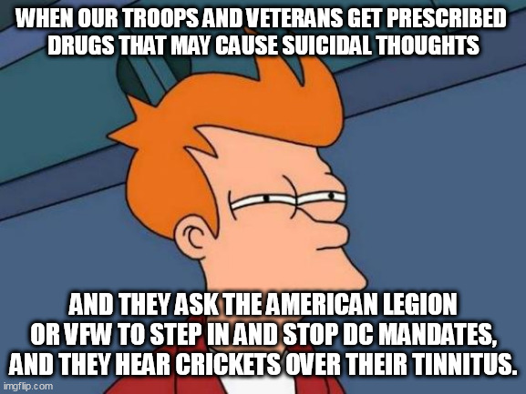 THIS IS WHY MILITARY SUICIDES ARE SO HIGH | WHEN OUR TROOPS AND VETERANS GET PRESCRIBED 
DRUGS THAT MAY CAUSE SUICIDAL THOUGHTS; AND THEY ASK THE AMERICAN LEGION OR VFW TO STEP IN AND STOP DC MANDATES, AND THEY HEAR CRICKETS OVER THEIR TINNITUS. | image tagged in memes,futurama fry,military,veterans | made w/ Imgflip meme maker