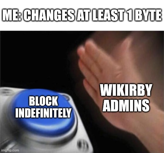 Blank Nut Button Meme | ME: CHANGES AT LEAST 1 BYTE; WIKIRBY ADMINS; BLOCK
INDEFINITELY | image tagged in memes,blank nut button | made w/ Imgflip meme maker