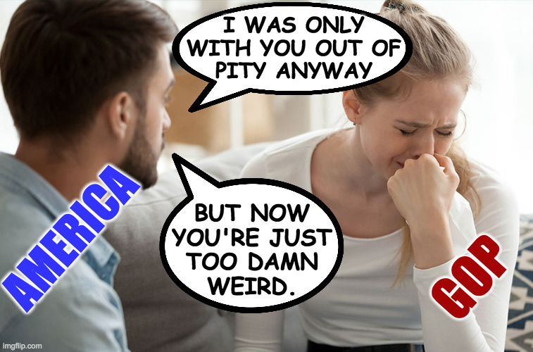 Now go. | I WAS ONLY
WITH YOU OUT OF
PITY ANYWAY; AMERICA; BUT NOW
YOU'RE JUST
TOO DAMN
WEIRD. GOP | image tagged in couple arguing,memes,gop | made w/ Imgflip meme maker