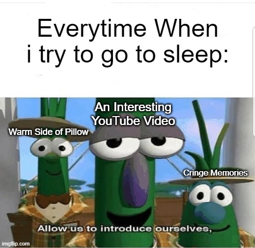 Can i go to sleep now? | Everytime When i try to go to sleep:; An Interesting YouTube Video; Warm Side of Pillow; Cringe Memories | image tagged in allow us to introduce ourselves,relatable memes,sleep,memes,funny,so true memes | made w/ Imgflip meme maker