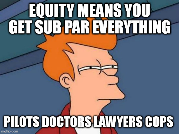 Futurama Fry Meme | EQUITY MEANS YOU GET SUB PAR EVERYTHING; PILOTS DOCTORS LAWYERS COPS | image tagged in memes,futurama fry | made w/ Imgflip meme maker