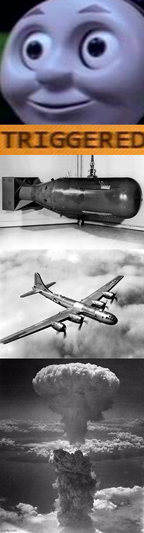 image tagged in triggered,little boy,b-29 superfortress,hiroshima | made w/ Imgflip meme maker