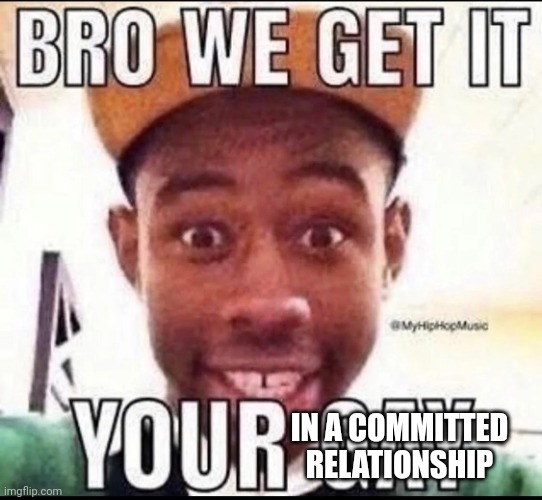 BRO WE GET IT YOU'RE GAY | IN A COMMITTED RELATIONSHIP | image tagged in bro we get it you're gay | made w/ Imgflip meme maker