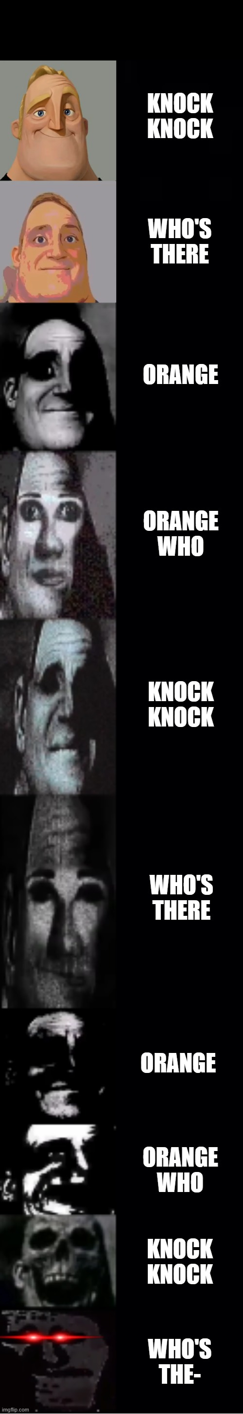 worlds most annoying joke | KNOCK KNOCK; WHO'S THERE; ORANGE; ORANGE WHO; KNOCK KNOCK; WHO'S THERE; ORANGE; ORANGE WHO; KNOCK KNOCK; WHO'S THE- | image tagged in mr incredible becoming uncanny,annoying orange,knock knock,annoying people,jokes,funny | made w/ Imgflip meme maker