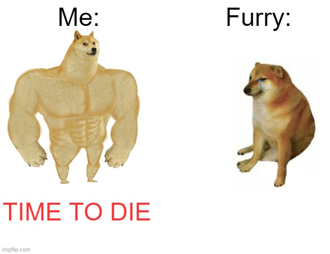 Upvote if you a furry hater like me | Me:; Furry:; TIME TO DIE | image tagged in memes,buff doge vs cheems,furry hater group | made w/ Imgflip meme maker