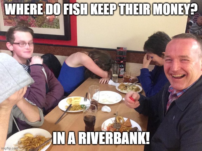 Dad Joke Meme | WHERE DO FISH KEEP THEIR MONEY? IN A RIVERBANK! | image tagged in dad joke meme,memes,funny,puns | made w/ Imgflip meme maker