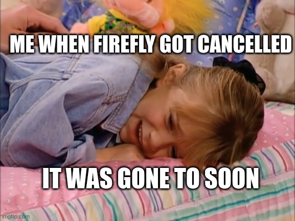 ME michelle tanner full house meme | ME WHEN FIREFLY GOT CANCELLED; IT WAS GONE TO SOON | image tagged in michelle crying on bed,full house | made w/ Imgflip meme maker