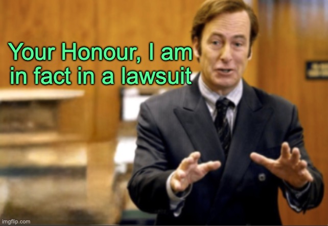 Saul Goodman defending | Your Honour, I am in fact in a lawsuit | image tagged in saul goodman defending | made w/ Imgflip meme maker