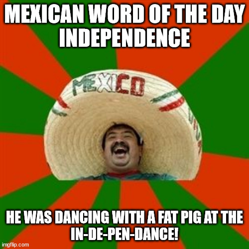 Mex word of the day | MEXICAN WORD OF THE DAY
INDEPENDENCE; HE WAS DANCING WITH A FAT PIG AT THE
IN-DE-PEN-DANCE! | image tagged in independence,dance,pig,pen,fat,mexican | made w/ Imgflip meme maker