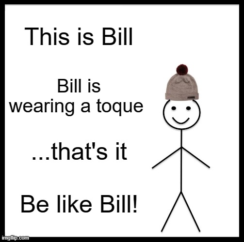 It ain't wrong ngl | This is Bill; Bill is wearing a toque; ...that's it; Be like Bill! | image tagged in memes,be like bill,toque,funny,accurate | made w/ Imgflip meme maker