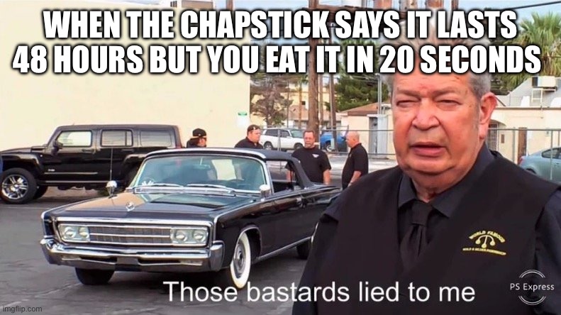 Those basterds lied to me | WHEN THE CHAPSTICK SAYS IT LASTS 48 HOURS BUT YOU EAT IT IN 20 SECONDS | image tagged in those basterds lied to me,funny,memes,cocaine,weird | made w/ Imgflip meme maker