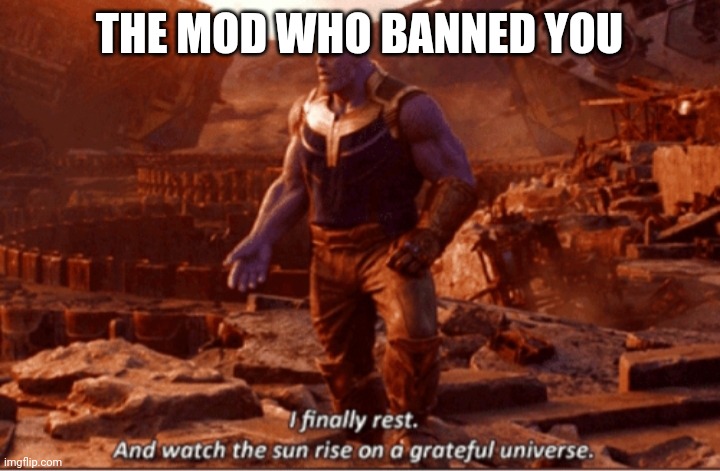 I finally rest, and watch the sun rise on a greatful universe | THE MOD WHO BANNED YOU | image tagged in i finally rest and watch the sun rise on a greatful universe | made w/ Imgflip meme maker