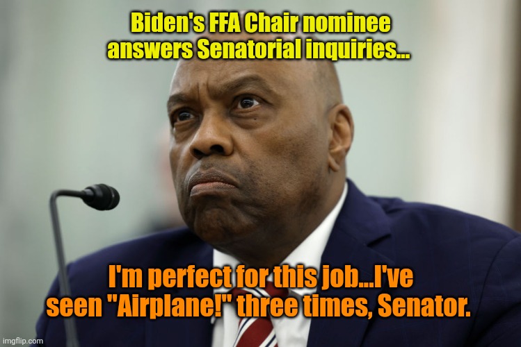 And don't call me Shirley. | Biden's FFA Chair nominee answers Senatorial inquiries... I'm perfect for this job...I've seen "Airplane!" three times, Senator. | made w/ Imgflip meme maker