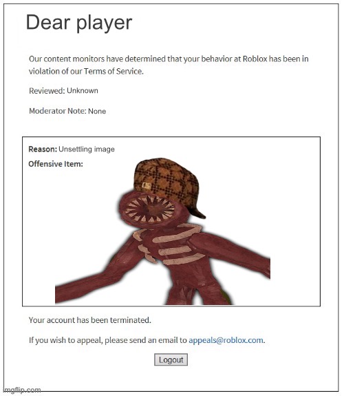 Moderation System | Dear player; Unknown; None; Unsettling image | image tagged in moderation system,roblox,dear player | made w/ Imgflip meme maker