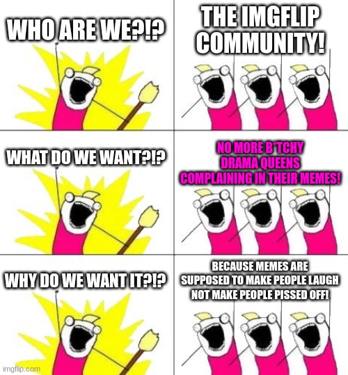 What Do We Want 3 Meme | WHO ARE WE?!? THE IMGFLIP COMMUNITY! WHAT DO WE WANT?!? NO MORE B*TCHY DRAMA QUEENS COMPLAINING IN THEIR MEMES! WHY DO WE WANT IT?!? BECAUSE MEMES ARE SUPPOSED TO MAKE PEOPLE LAUGH NOT MAKE PEOPLE PISSED OFF! | image tagged in memes,what do we want 3,drama queen,imgflip users,imgflip,so true memes | made w/ Imgflip meme maker