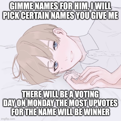 Nordic, German and French names preferred | GIMME NAMES FOR HIM, I WILL PICK CERTAIN NAMES YOU GIVE ME; THERE WILL BE A VOTING DAY ON MONDAY THE MOST UPVOTES FOR THE NAME WILL BE WINNER | made w/ Imgflip meme maker