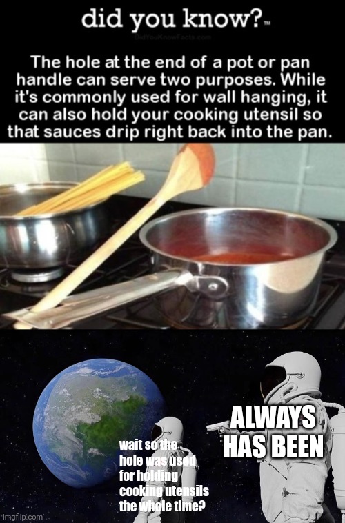 wait that was the purpose of the hole? | ALWAYS HAS BEEN; wait so the hole was used for holding cooking utensils the whole time? | image tagged in memes,always has been | made w/ Imgflip meme maker