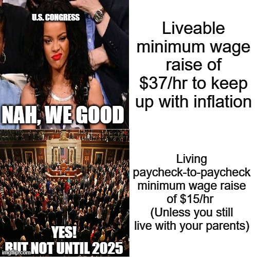 Gotta send Ukraine more money first | Liveable minimum wage raise of $37/hr to keep up with inflation; U.S. CONGRESS; NAH, WE GOOD; Living paycheck-to-paycheck minimum wage raise of $15/hr 
(Unless you still live with your parents); YES!
BUT NOT UNTIL 2025 | image tagged in memes,drake hotline bling | made w/ Imgflip meme maker