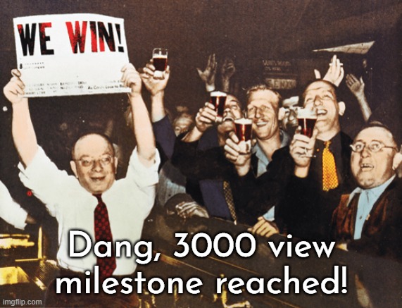 We Win Cheers Intro | Dang, 3000 view milestone reached! | image tagged in we win cheers intro | made w/ Imgflip meme maker