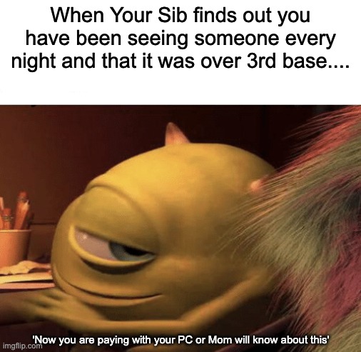 I don't know if this is NSFW. Anyway, how many of us can relate to this? | When Your Sib finds out you have been seeing someone every night and that it was over 3rd base.... 'Now you are paying with your PC or Mom will know about this' | image tagged in princess_jade,a,e,i,o,u | made w/ Imgflip meme maker