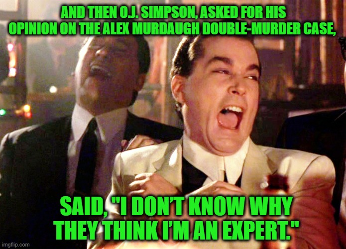 O.J. Simpson Plays Legal Analyst on Alex Murdaugh Case | AND THEN O.J. SIMPSON, ASKED FOR HIS OPINION ON THE ALEX MURDAUGH DOUBLE-MURDER CASE, SAID, "I DON’T KNOW WHY THEY THINK I’M AN EXPERT." | image tagged in alex murdaugh,oj simpson | made w/ Imgflip meme maker