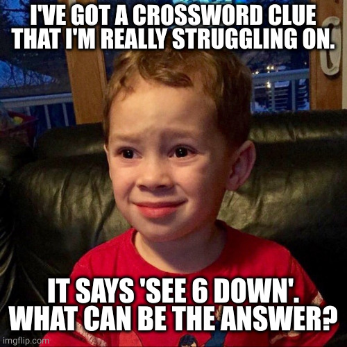 Crosswords, eh! | I'VE GOT A CROSSWORD CLUE THAT I'M REALLY STRUGGLING ON. IT SAYS 'SEE 6 DOWN'. WHAT CAN BE THE ANSWER? | image tagged in gavin,clueless,clue | made w/ Imgflip meme maker