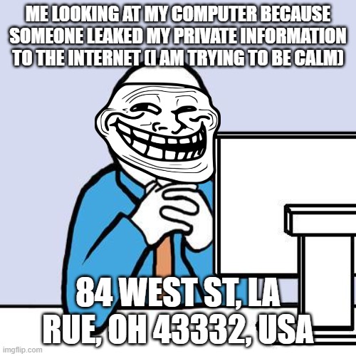 computer neutral face | ME LOOKING AT MY COMPUTER BECAUSE SOMEONE LEAKED MY PRIVATE INFORMATION TO THE INTERNET (I AM TRYING TO BE CALM); 84 WEST ST, LA RUE, OH 43332, USA | image tagged in computer neutral face | made w/ Imgflip meme maker