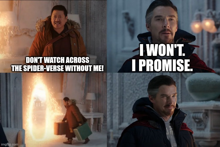 Dr.Strange and Wong make plans to watch Across the Spider-Verse | I WON'T. I PROMISE. DON'T WATCH ACROSS THE SPIDER-VERSE WITHOUT ME! | image tagged in dr strange no way home | made w/ Imgflip meme maker
