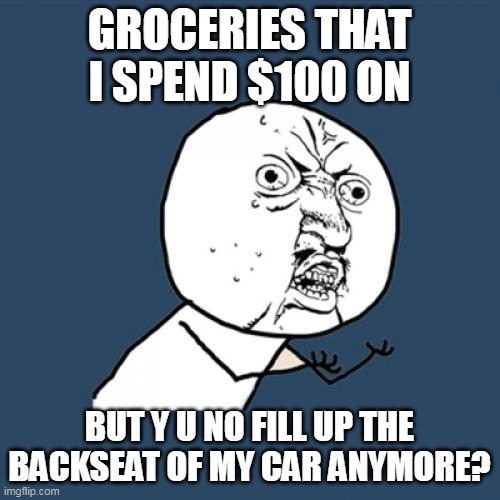 Y U No | GROCERIES THAT I SPEND $100 ON; BUT Y U NO FILL UP THE BACKSEAT OF MY CAR ANYMORE? | image tagged in memes,y u no,meme,groceries,funny | made w/ Imgflip meme maker