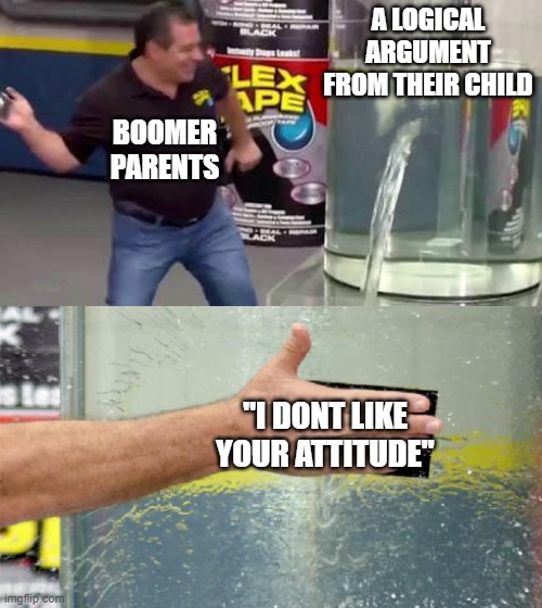 Flex Tape | A LOGICAL ARGUMENT FROM THEIR CHILD; BOOMER PARENTS; "I DONT LIKE YOUR ATTITUDE" | image tagged in flex tape,parents | made w/ Imgflip meme maker