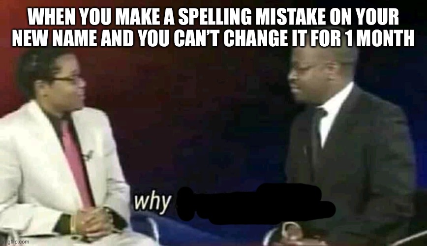 Thats gotta hurt | WHEN YOU MAKE A SPELLING MISTAKE ON YOUR NEW NAME AND YOU CAN’T CHANGE IT FOR 1 MONTH | image tagged in why are you gay,true story | made w/ Imgflip meme maker