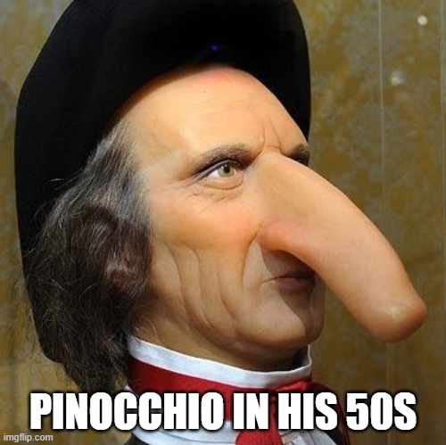 old man pinocchio | PINOCCHIO IN HIS 50S | image tagged in funny nose | made w/ Imgflip meme maker