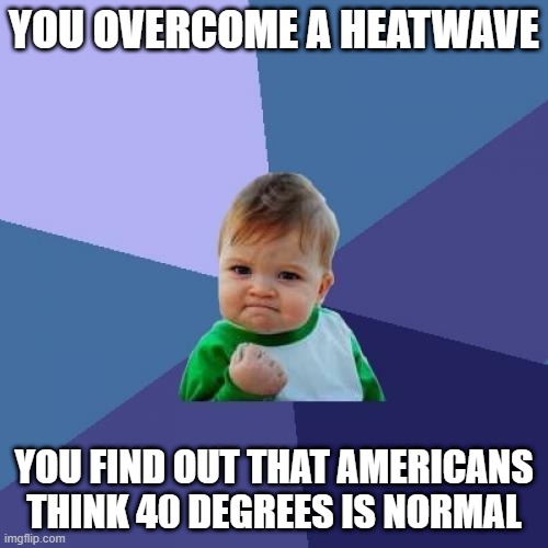 British ppl be like | YOU OVERCOME A HEATWAVE; YOU FIND OUT THAT AMERICANS THINK 40 DEGREES IS NORMAL | image tagged in memes,success kid | made w/ Imgflip meme maker