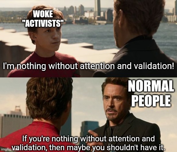 if you are nothing without the suit | WOKE "ACTIVISTS"; I'm nothing without attention and validation! NORMAL PEOPLE; If you're nothing without attention and validation, then maybe you shouldn't have it. | image tagged in if you are nothing without the suit | made w/ Imgflip meme maker