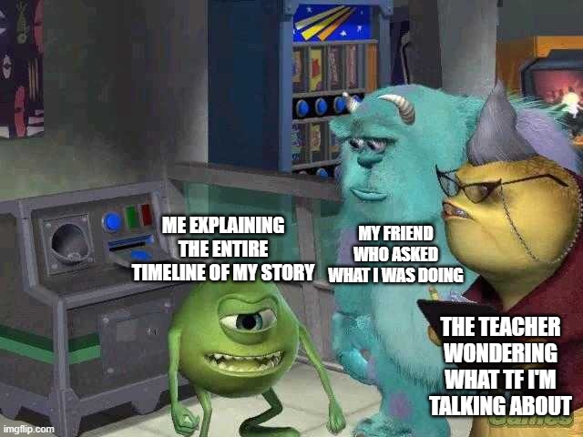 Why do I do this when I know they don't care? | MY FRIEND WHO ASKED WHAT I WAS DOING; ME EXPLAINING THE ENTIRE TIMELINE OF MY STORY; THE TEACHER WONDERING WHAT TF I'M TALKING ABOUT | image tagged in mike wazowski trying to explain | made w/ Imgflip meme maker