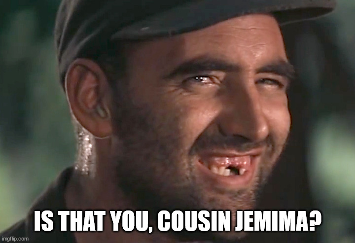 hick | IS THAT YOU, COUSIN JEMIMA? | image tagged in hick | made w/ Imgflip meme maker