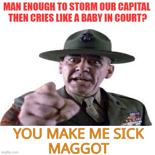 MAN ENOUGH TO STORM OUR CAPITAL
 THEN CRIES LIKE A BABY IN COURT? YOU MAKE ME SICK
MAGGOT | made w/ Imgflip meme maker