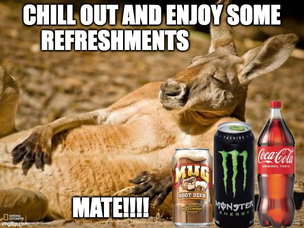Aussie Smoko after a hard day of work be like... | CHILL OUT AND ENJOY SOME REFRESHMENTS; MATE!!!! | image tagged in chillin kangaroo | made w/ Imgflip meme maker