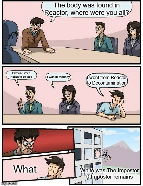 First time be Impostor belike: | The body was found in Reactor, where were you all? I was in Green House to do task; I was in Medbay; I went from Reactor to Decontamination; What; White was The Impostor
0 Impostor remains | image tagged in memes,boardroom meeting suggestion | made w/ Imgflip meme maker